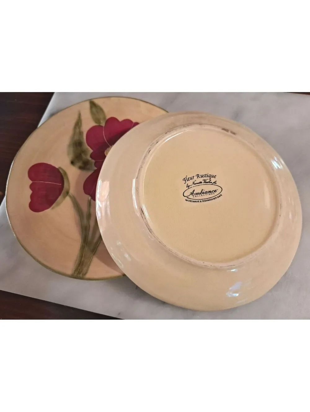 Vintage Set of 2 Hand-Painted Fleur Rustique Salad Plates by Ambiance 8